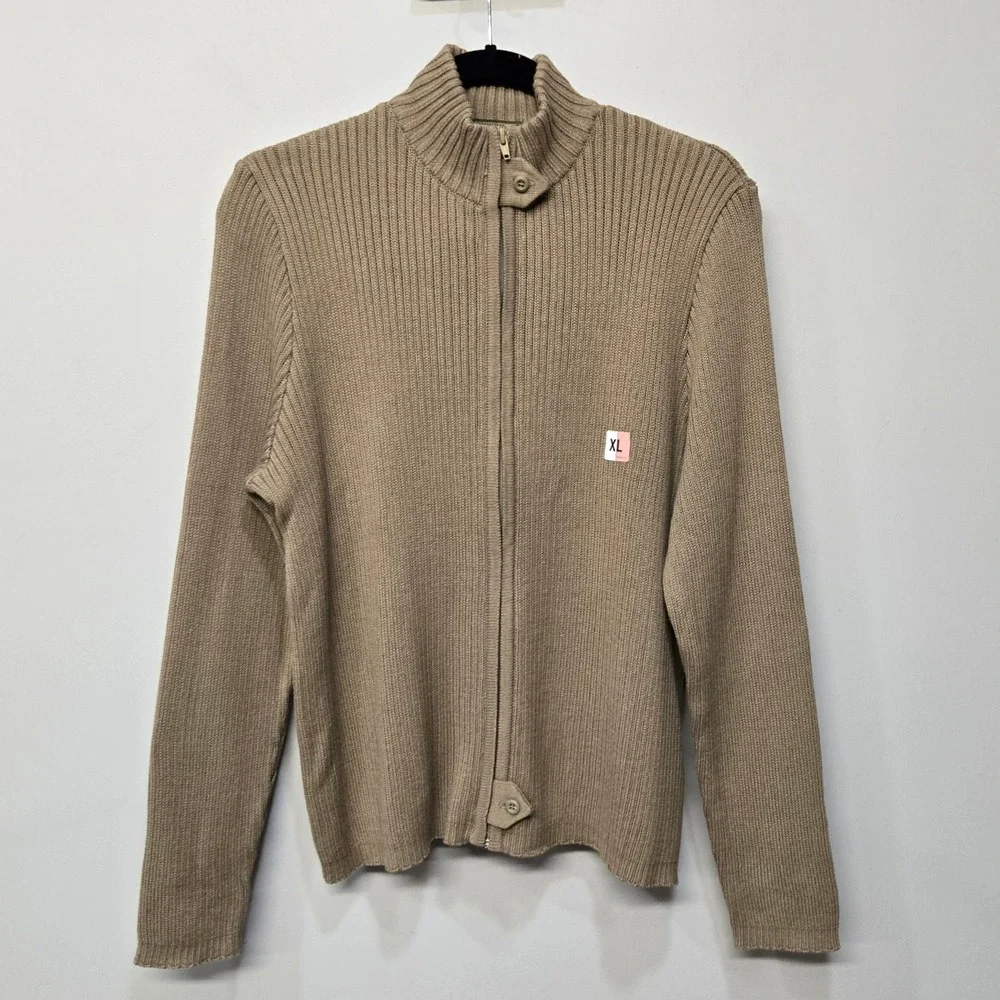 Leelanau Trail Cardigan Sweater XL Cotton Full Zip Rib‎ Knit Mock Neck Military